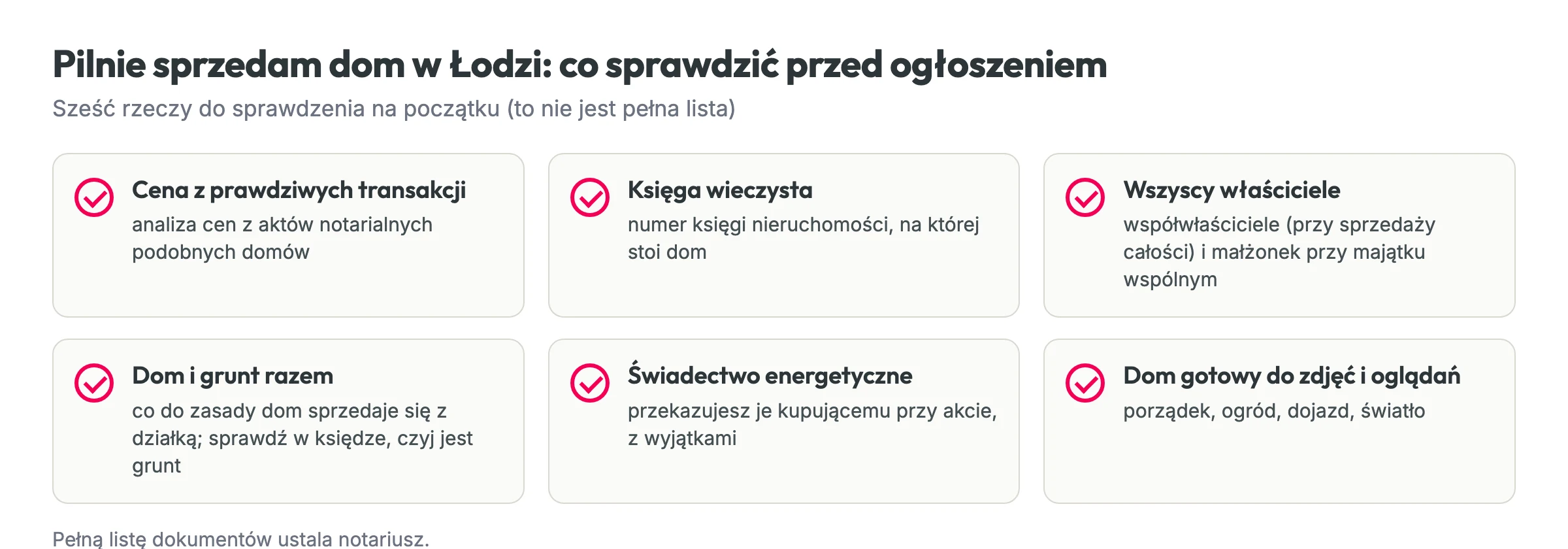 Lista kontrolna: co sprawdzić, gdy pilnie sprzedam dom w Łodzi. Cena z prawdziwych transakcji, księga wieczysta, wszyscy właściciele, dom i grunt razem, świadectwo energetyczne, dom gotowy do zdjęć i oglądań