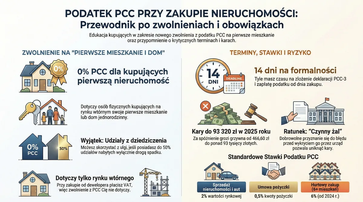Infografika podatek PCC przy kupnie mieszkania 2026 - zwolnienie dla pierwszego mieszkania 0% PCC, stawki 2% i 6%, termin 14 dni na deklarację PCC-3, kary do 93 320 zł i czynny żal